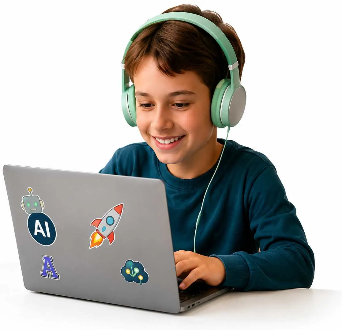 Kind lernt KI mit Kopfhörern am Laptop